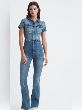 Good American. Blue Denim Jumpsuit Jeans - Women's Fitted Flare